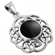 Round Celtic Knot Silver Pendant, set w Black Onyx